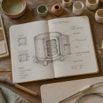 Plan de travail potier avec four ceramique carnet outils