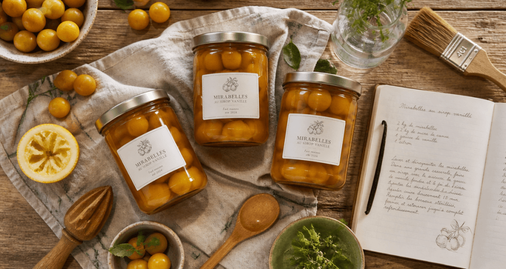 mirabelle au sirop sans stérilisation en bocaux sur table