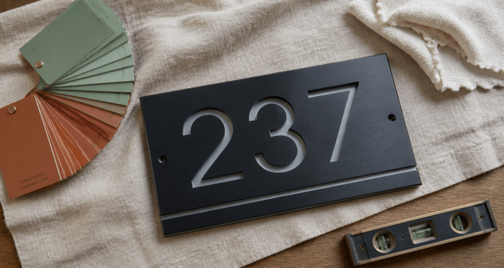 numero de maison design plaque aluminium sur bois