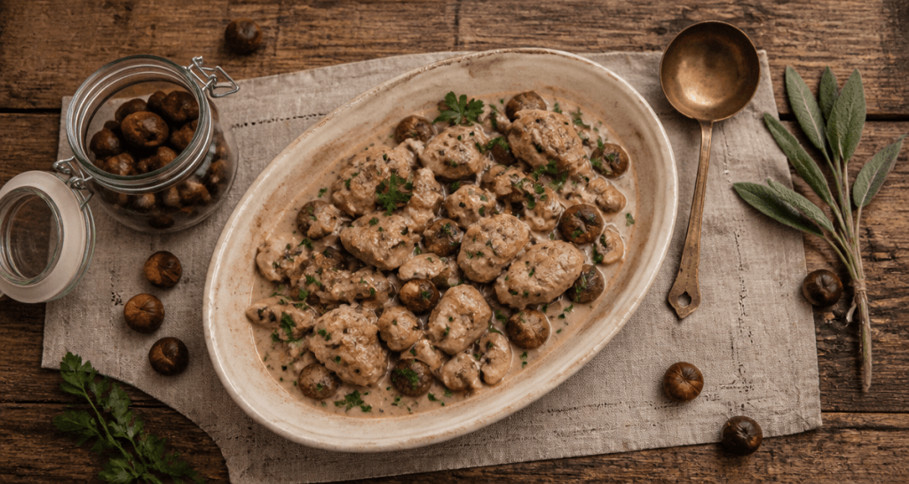 Sauté de dinde aux marron en conserve sur table en bois