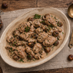 Sauté de dinde aux marron en conserve sur table en bois