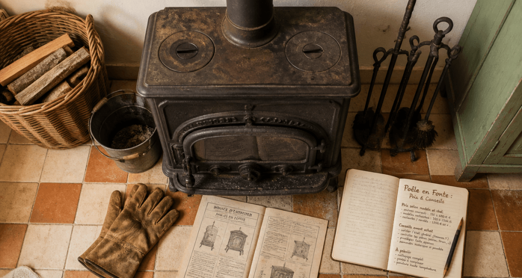 poêle à bois ancien en fonte prix sur sol ancien