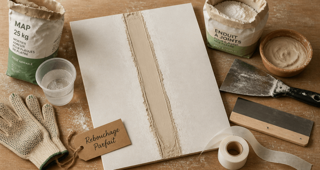 reboucher saignée placo sur plaque BA13 avec outils