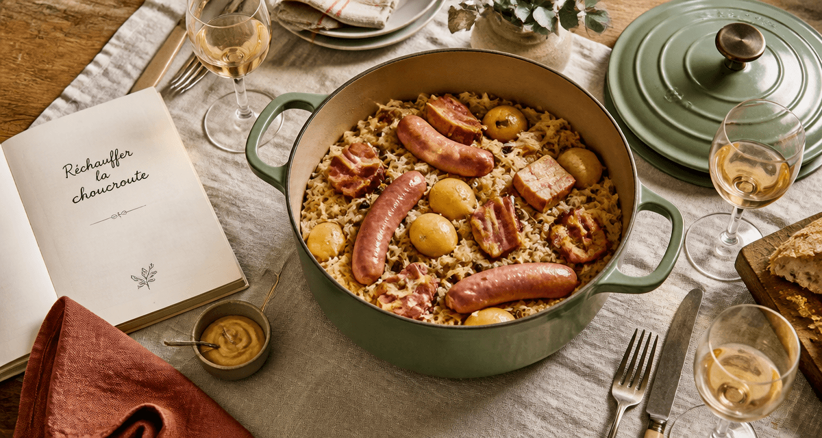 Réchauffer la choucroute en cocotte sur table rustique