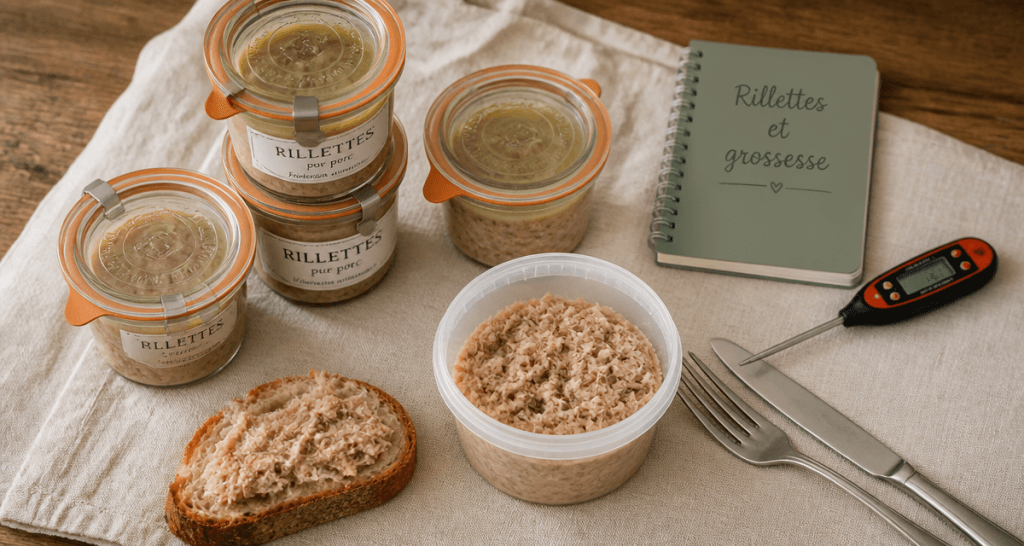 Rillette industrielle et grossesse : bocaux, pain et thermomètre