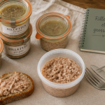 Rillette industrielle et grossesse : bocaux, pain et thermomètre