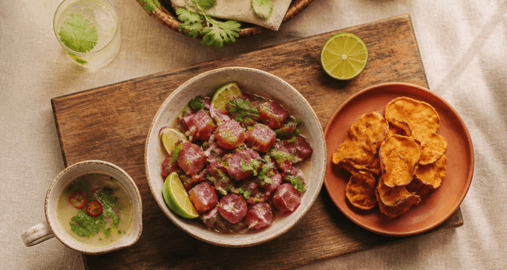 thonine crue en ceviche, coriandre et citron vert