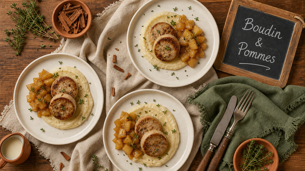 Accompagnement boudin blanc : assiettes et garniture pommes caramélisées, purée et thym pour fêtes