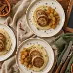Accompagnement boudin blanc : assiettes et garniture pommes caramélisées, purée et thym pour fêtes