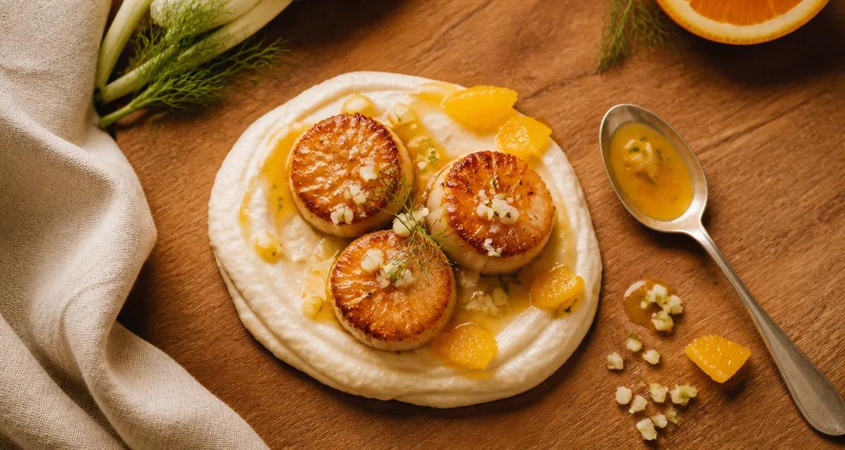 Accompagnement noix de saint-jacques poêlées à l’orange, purée de panais