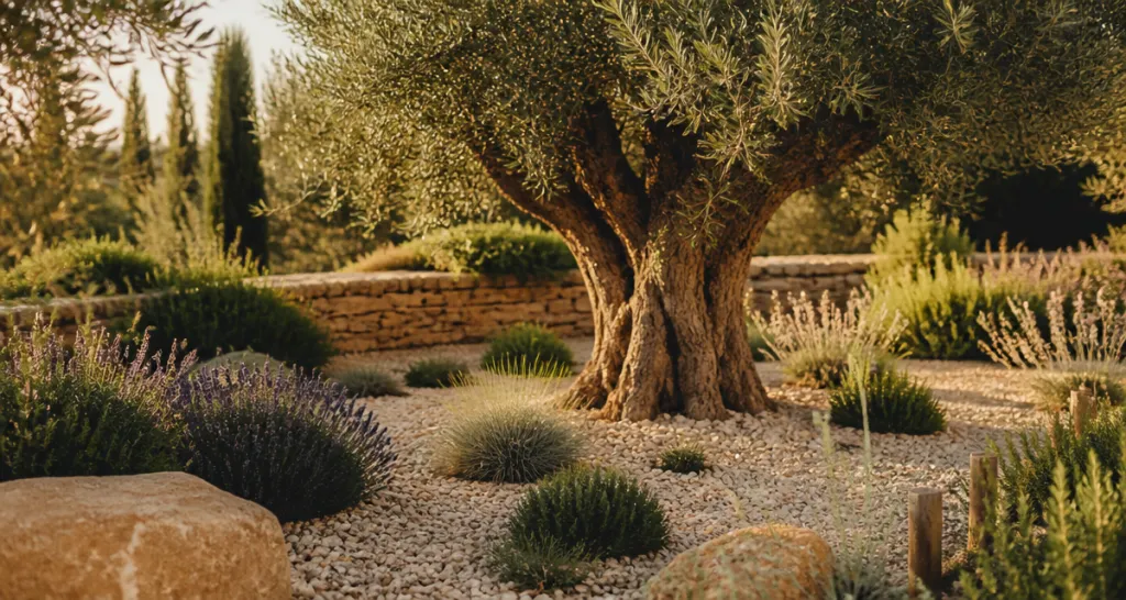Amenagement olivier jardin avec olivier mature et plantes mediterraneennes