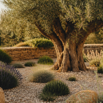 Amenagement olivier jardin avec olivier mature et plantes mediterraneennes