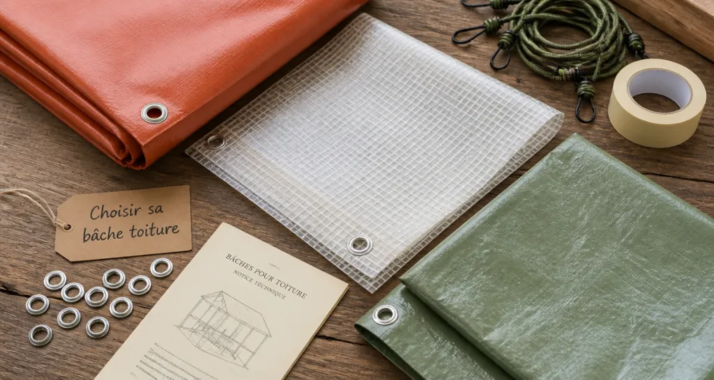 Bache pour toiture échantillons et accessoires sur établi