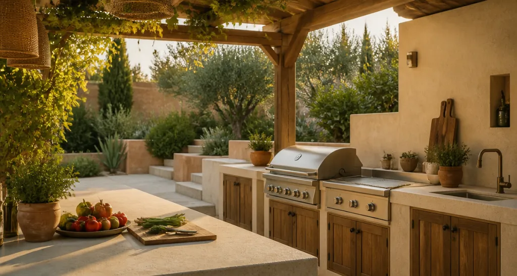 Barbecue cuisine extérieure élégante sous pergola bois