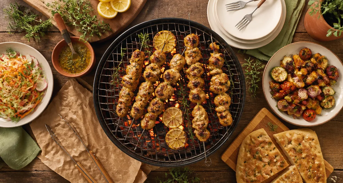 Barbecue entre amis : grillades au jardin avec brochettes et braises