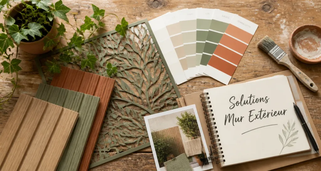 Cache mur extérieur avec matériaux, couleurs et plantes