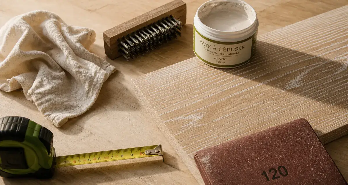 Ceruser un bois, veines de chêne cérusé et pâte à céruser sur établi