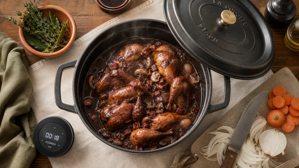 Coquelet au vin cookeo : viande fondante en cocotte, sauce rouge