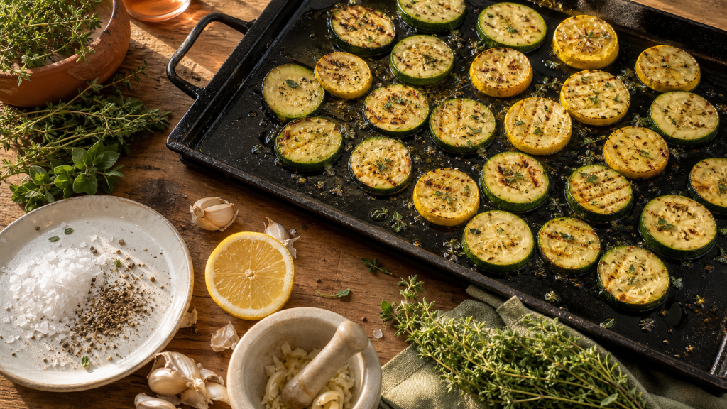 Courgette a la plancha sur plancha noire, croquante, herbes et citron