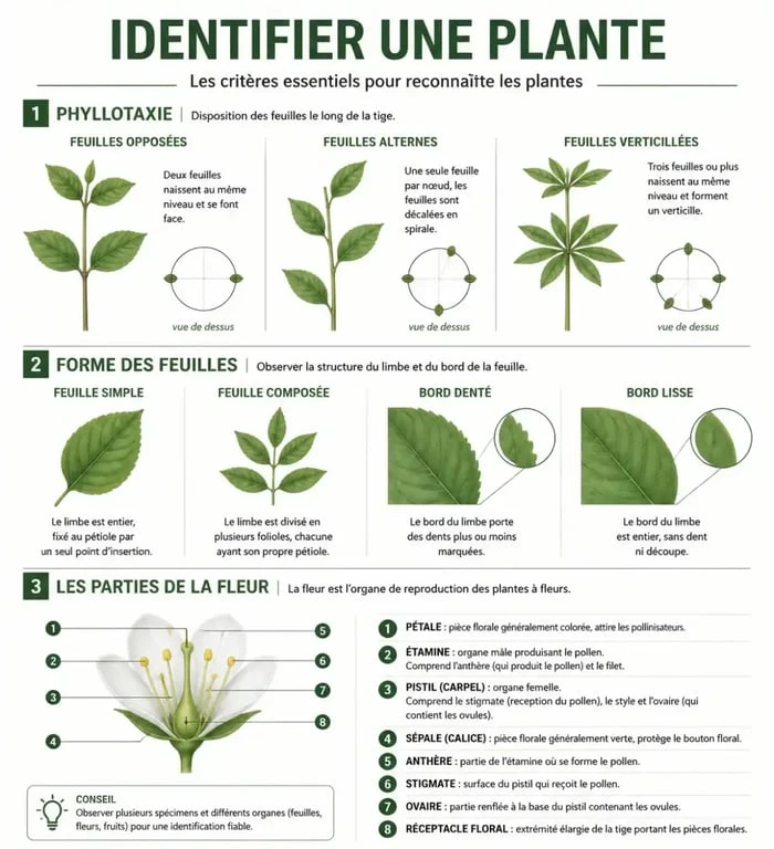 Infographie illustrant les critères morphologiques pour comment reconnaitre une plante