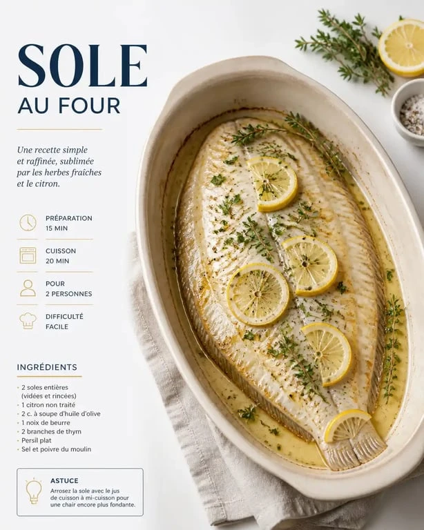 Sole au four aux herbes fraîches et citron, plat de poisson raffiné