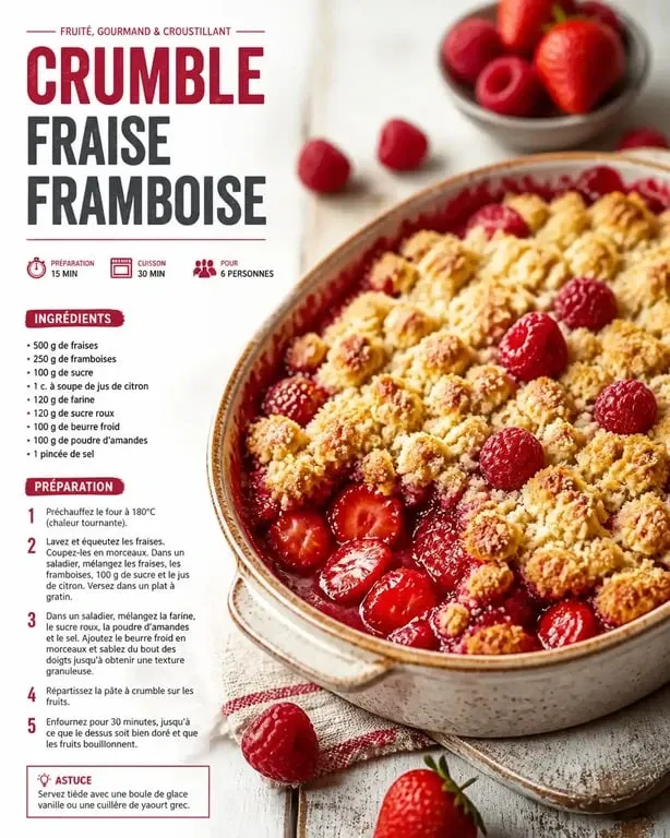 Crumble fraise framboise maison doré et croustillant dans un plat à gratin