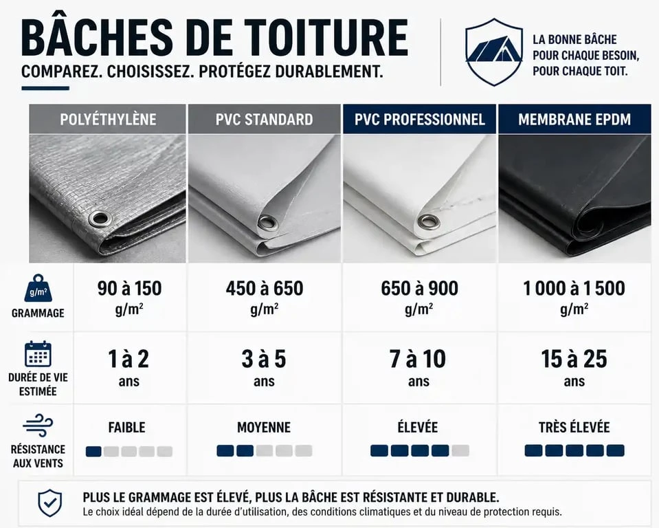 Comparatif des types de bâches pour toiture : PVC, EPDM et Polyéthylène