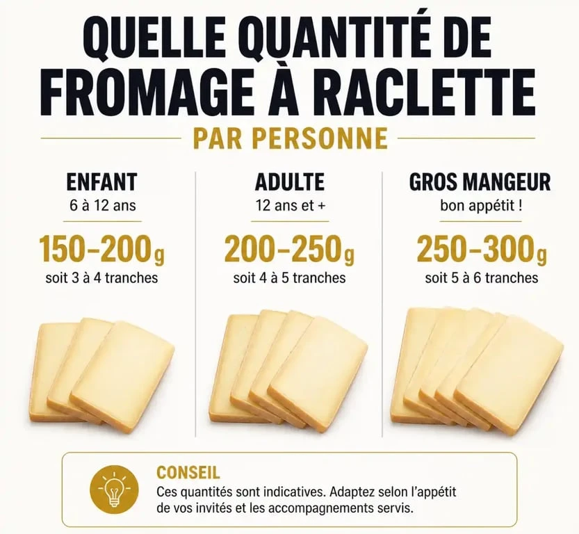 Infographie des quantités de fromage à raclette par personne selon le profil du convive