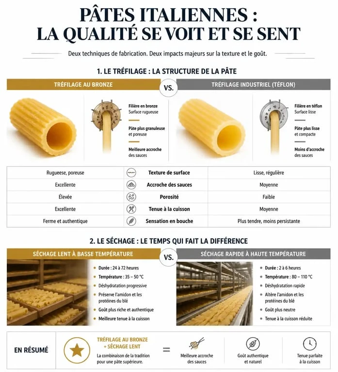 Comparatif des critères de qualité des marques de pâtes italiennes : tréfilage au bronze et séchage lent