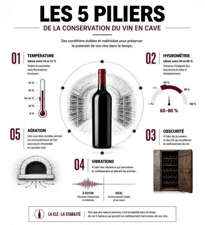 Infographie des 5 critères techniques pour bien choisir sa cave à vin : température, humidité, lumière, vibrations et aération.