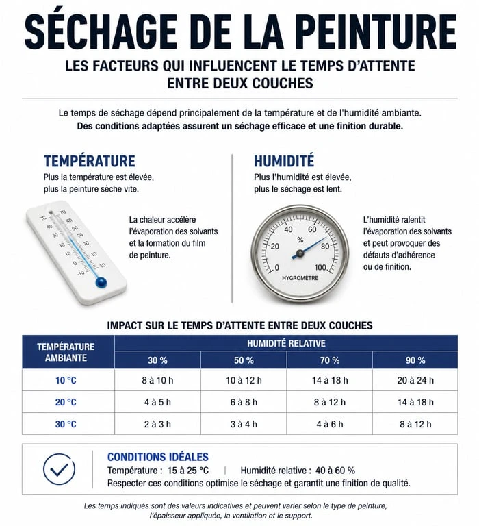 Infographie sur les facteurs influençant le temps entre 2 couches de peinture