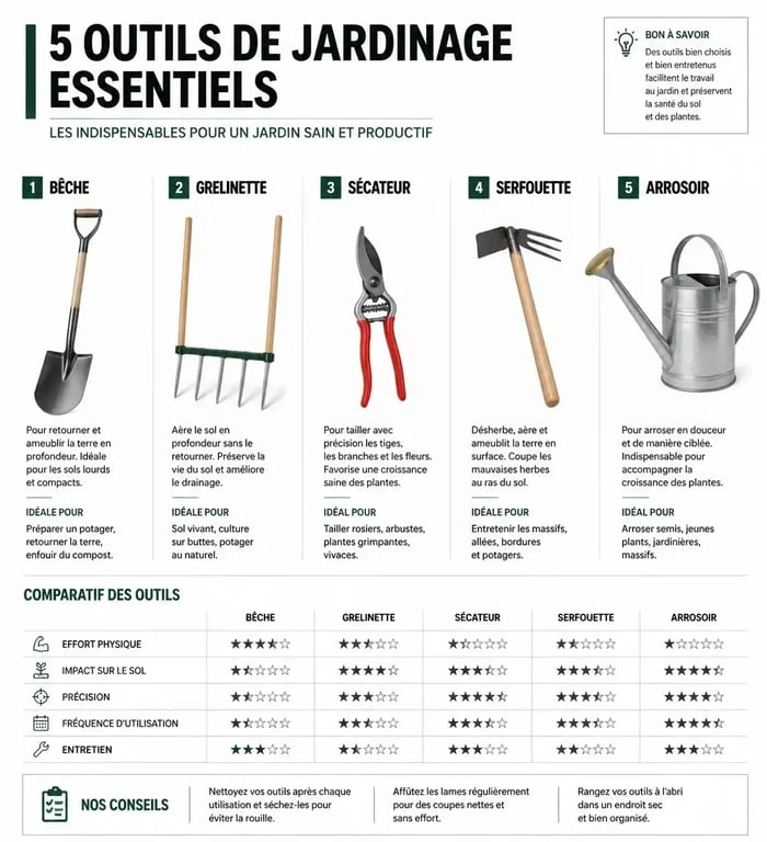 Infographie des outils de jardinage essentiels pour l'entretien du potager et du jardin