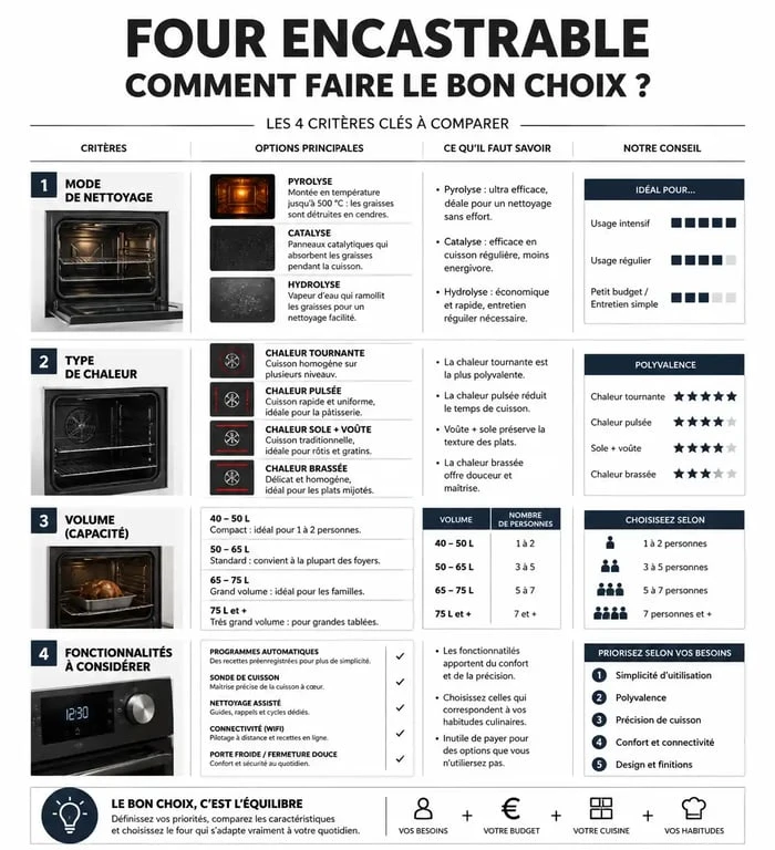 Tableau comparatif des critères pour choisir le meilleur four encastrable selon l'usage