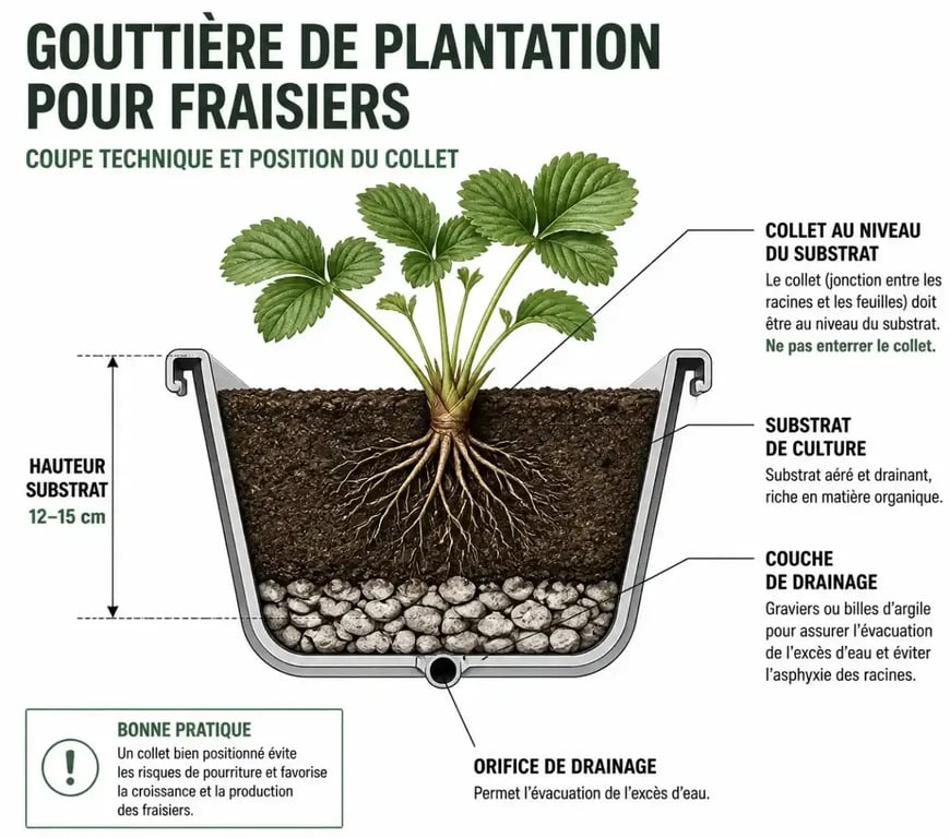 Schéma explicatif de la plantation de fraisier en hauteur avec positionnement du collet