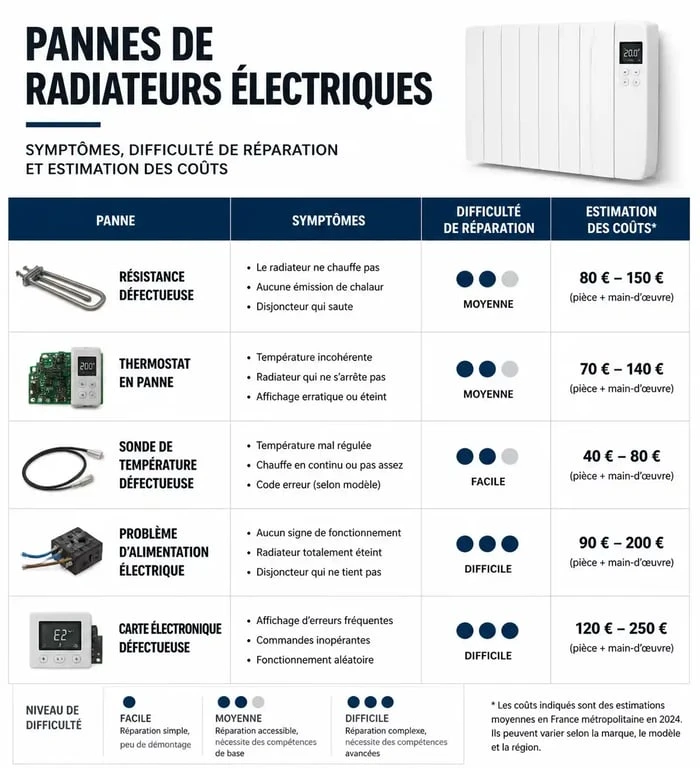 Tableau récapitulatif des pannes de radiateur électrique et coûts de réparation