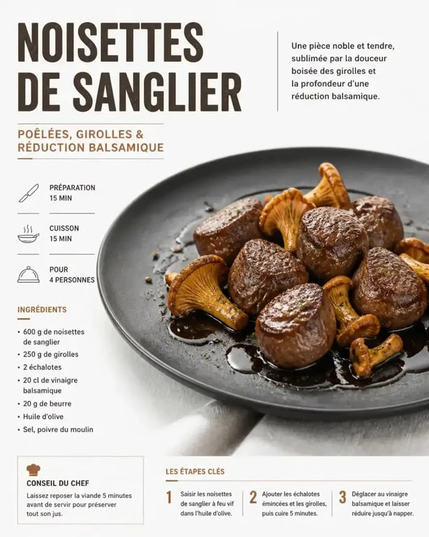 Noisettes de sanglier poêlées avec sauce au vinaigre balsamique et girolles