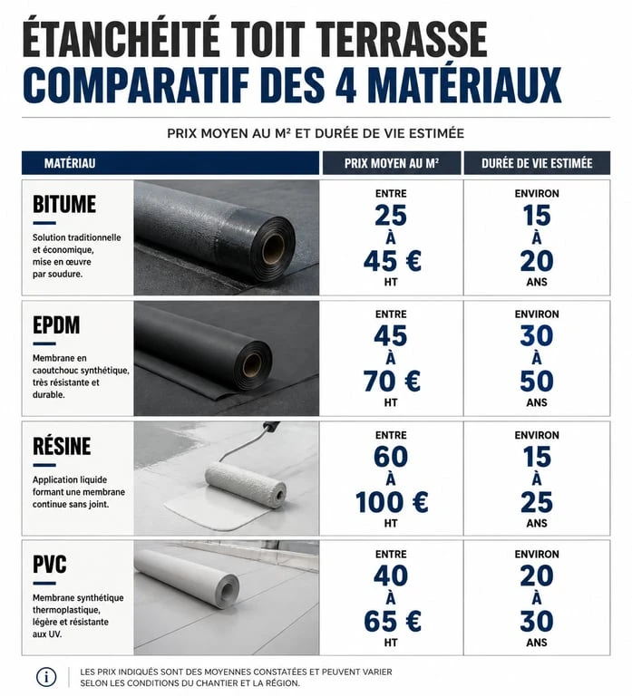 Comparatif des prix au m2 et durée de vie des matériaux pour l'étanchéité de toit terrasse