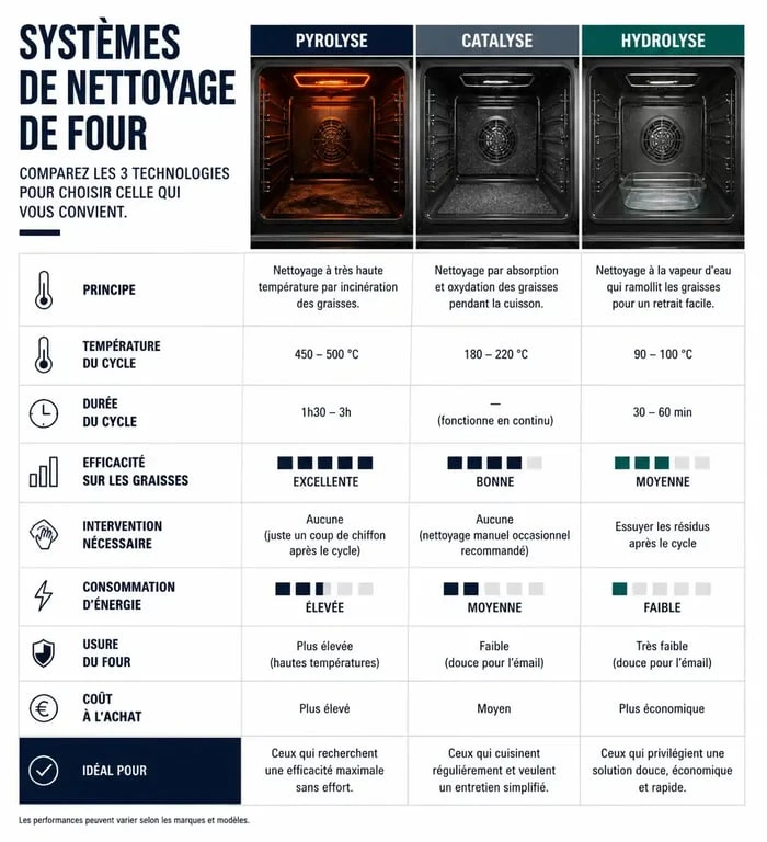 Infographie comparative des systèmes de nettoyage de four : pyrolyse, catalyse et hydrolyse pour bien choisir son four