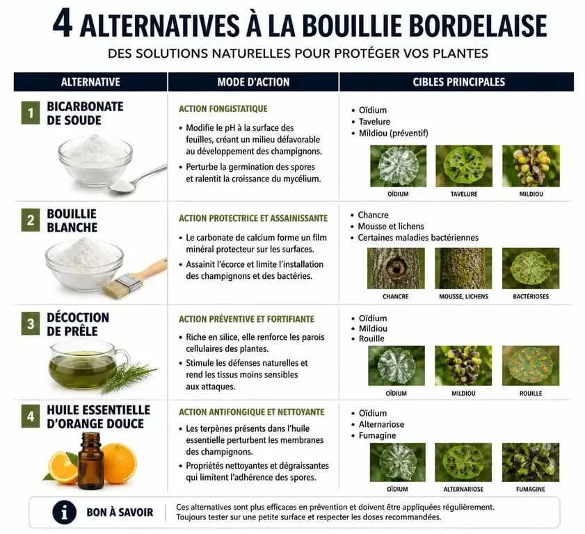 Tableau comparatif des alternatives naturelles à la bouillie bordelaise pour le jardin