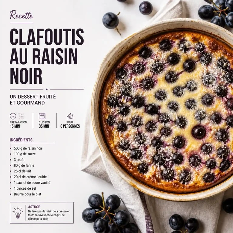 Clafoutis rustique au raisin noir, une recette facile et gourmande pour mettre en valeur le raisin frais.