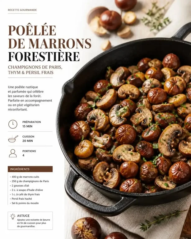 Poêlée de marrons forestière aux champignons, une recette au marron savoureuse et automnale.