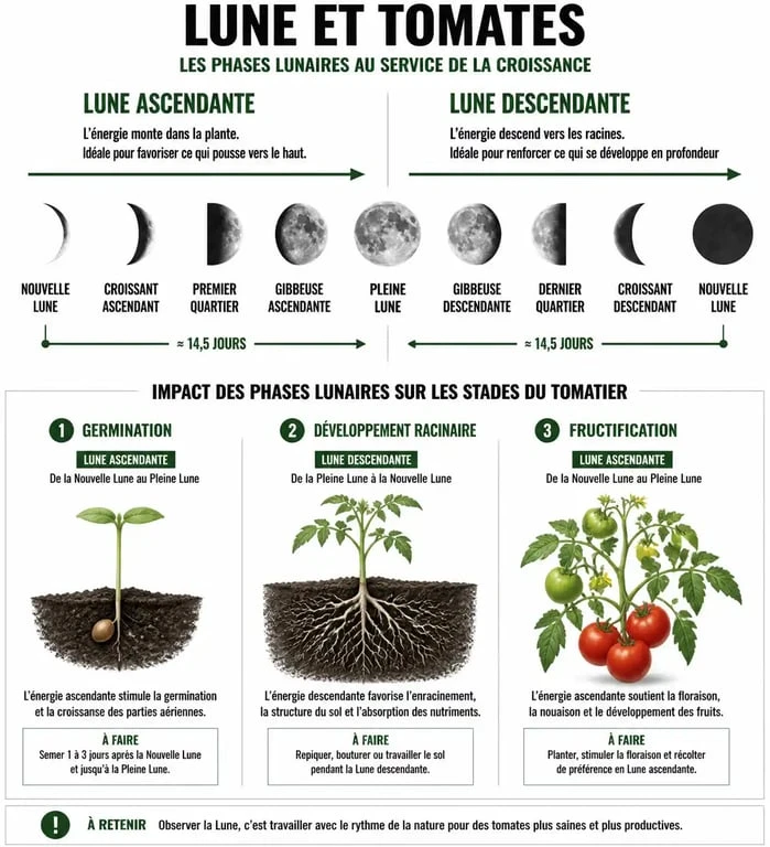 Schéma explicatif des phases lunaires pour le semis et la culture des tomates