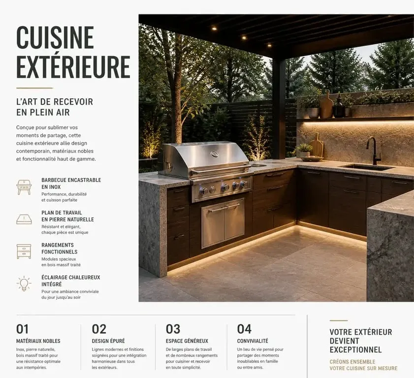 Aménagement d'une cuisine extérieure moderne avec barbecue et plan de travail en pierre
