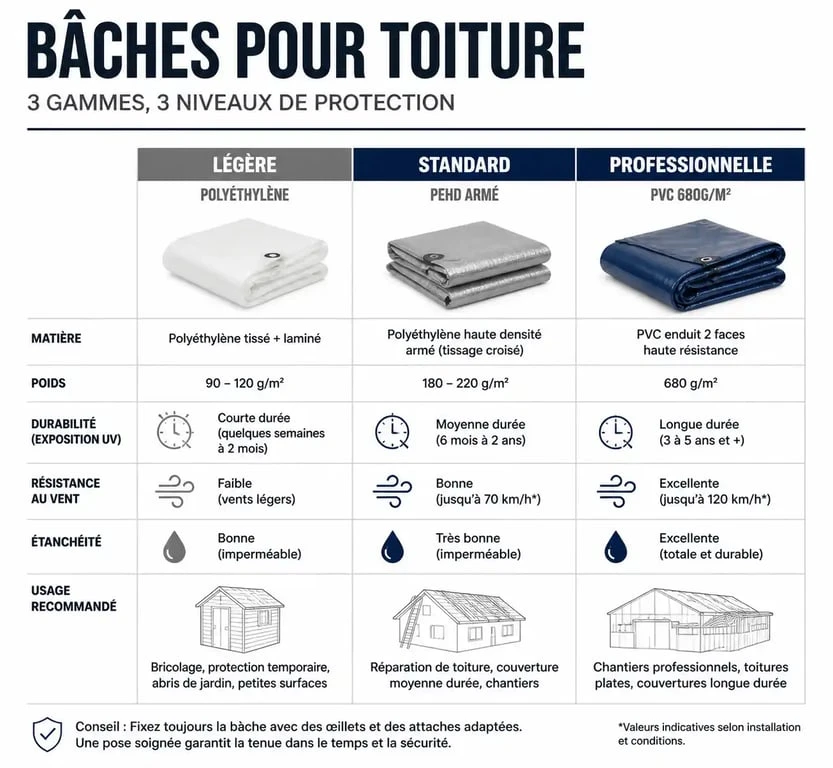 Comparatif des types de bâches pour toiture : choisir entre polyéthylène, PEHD armé et PVC selon la durée et l'urgence du chantier.