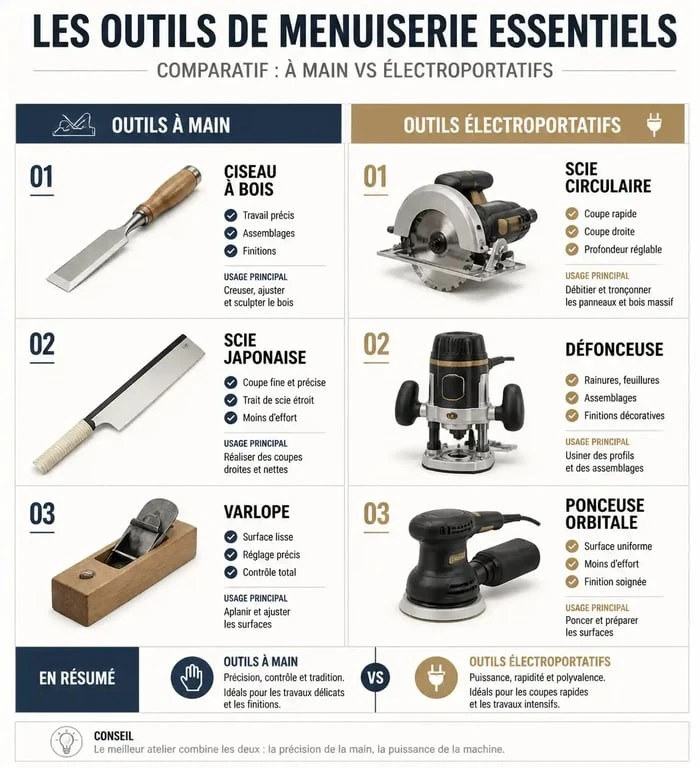 Infographie des outils pour menuisier indispensables : outils à main et électroportatifs