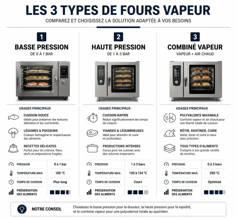 Comparatif des technologies de fours vapeur : basse pression, haute pression et combiné vapeur pour choisir le modèle adapté à ses besoins