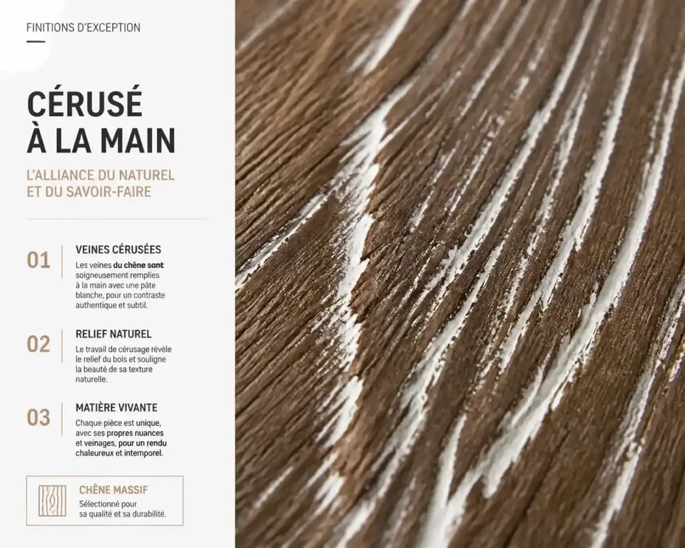 Détail d'une surface en bois de chêne après l'application de la technique pour céruser un bois, mettant en valeur le contraste des veines.