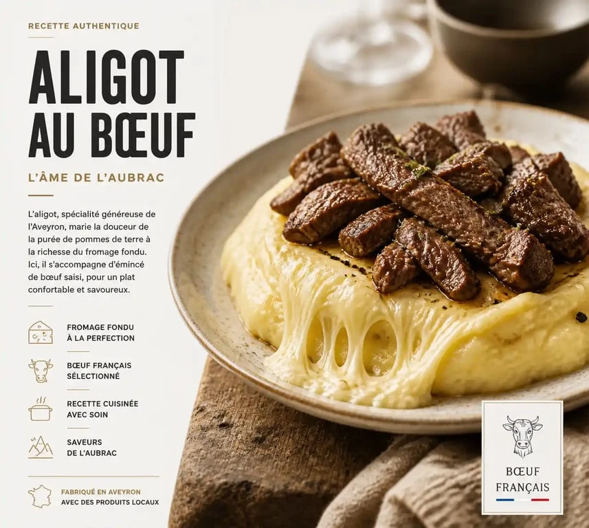 Aligot et son accompagnement de bœuf, plat traditionnel aveyronnais