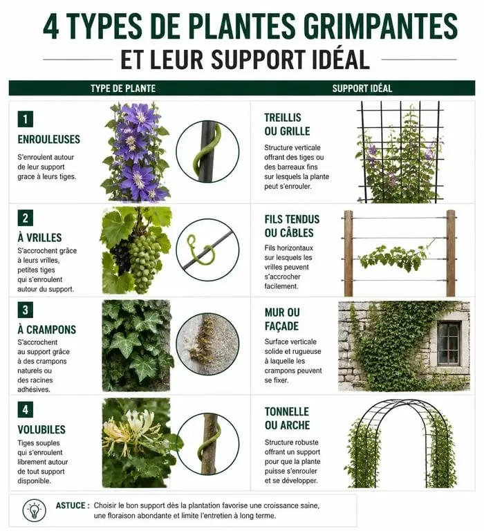 Infographie illustrant le choix du support plante grimpante idéal selon le type de croissance de la plante.
