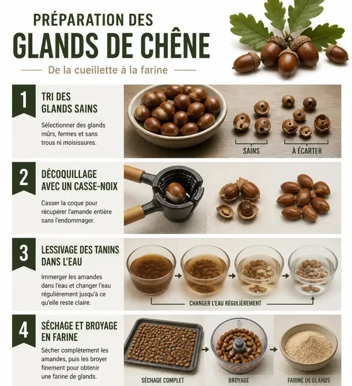 Infographie des étapes de préparation des glands de chêne pour la consommation